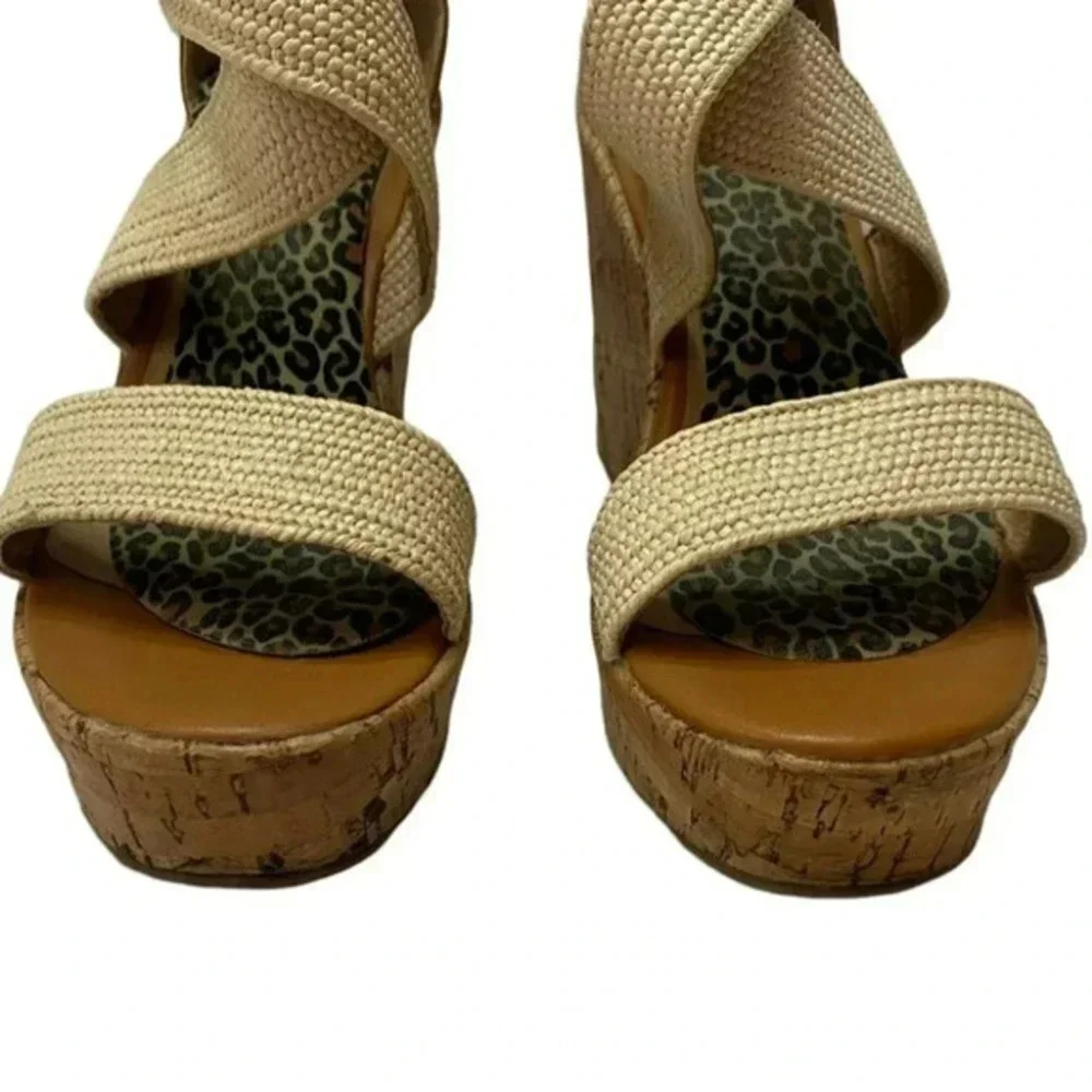 Steve‎ Madden Elwyn Platform Wedge Sandal 10 Tan Cork Leopard Print Strappy Zip